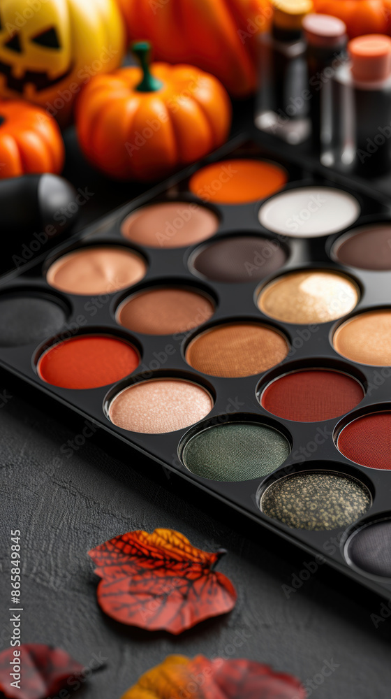 A makeup palette with a variety of colors is displayed on a table with pumpkins A makeup palette with a variety of colors is displayed on a table with pumpkins