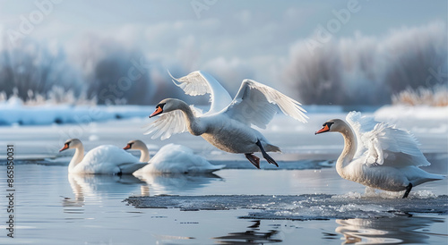 Fototapeta Naklejka Na Ścianę i Meble -  Cute swan family flying over frozen pond, AI Generative.