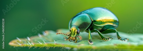 2. A metallic green beetle crawling on a leaf photo