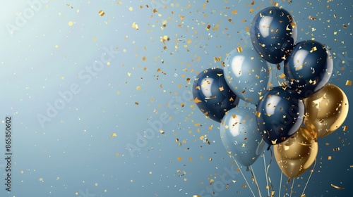 Festive celebration with black, silver, and gold balloons and falling confetti on a blue background. Ideal for birthday, anniversary, or party invitations.