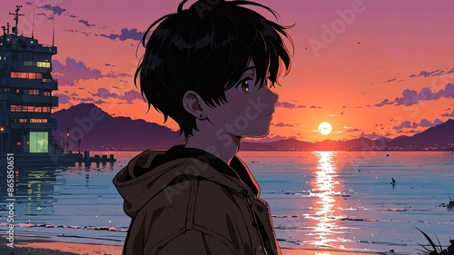 lofi aesthetic anime boy kid in sunset background