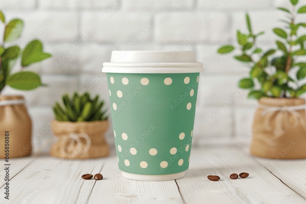 Coffee Break, Polka dot paper cup on wooden table with plants, Mockup for branding and design. Coffee Break, Polka dot paper cup on wooden table with plants, Mockup for branding and design.