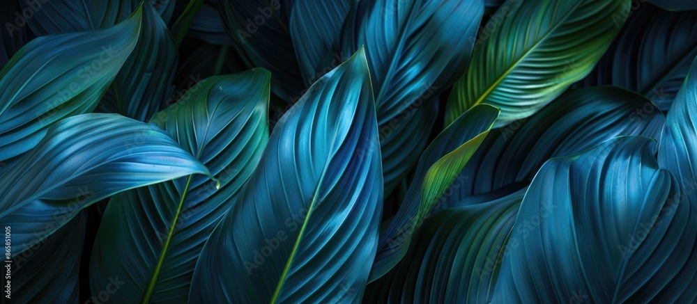 Macro close-up of vibrant blue and green leaves of a tropical forest plant Spathiphyllum cannifolium against a dark natural backdrop. Macro close-up of vibrant blue and green leaves of a tropical forest plant Spathiphyllum cannifolium against a dark natural backdrop.