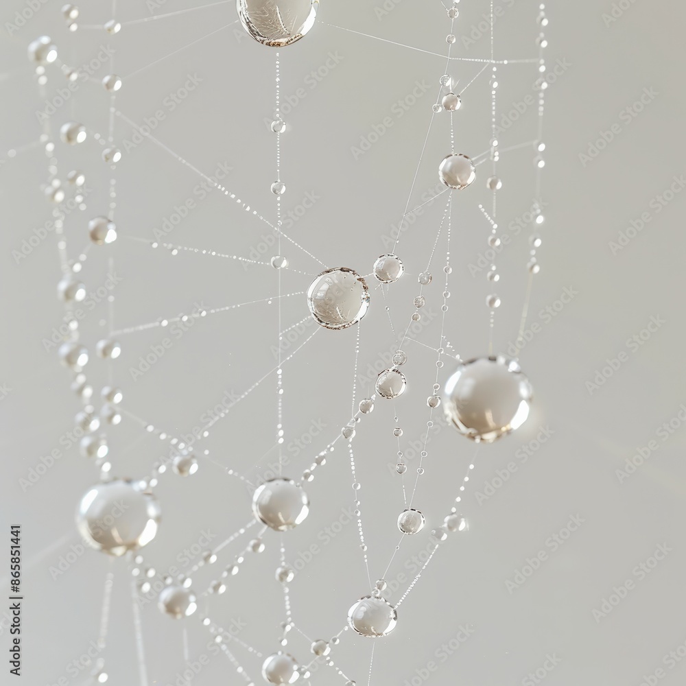Obraz premium Close-up of delicate water droplets on a spider web with a gray background, showcasing natural beauty and intricate details.