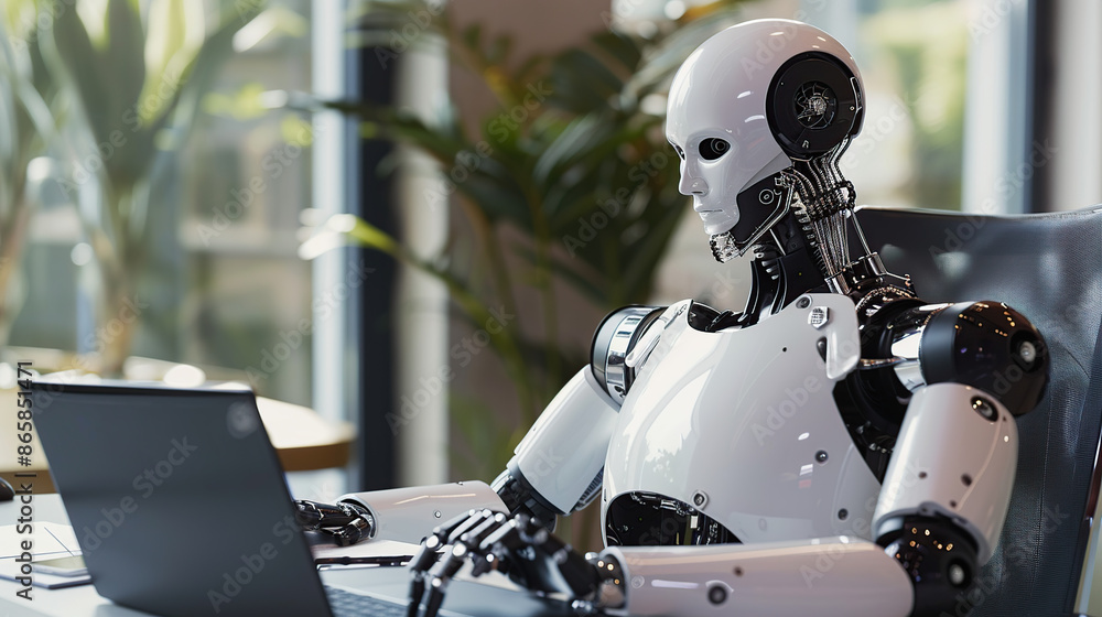 A humanoid robot sitting in an office chair, working on a laptop computer at a desk with a modern interior design A humanoid robot sitting in an office chair, working on a laptop computer at a desk with a modern interior design