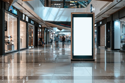 Modern Shopping Mall Interior with Blank Advertising Display Stand