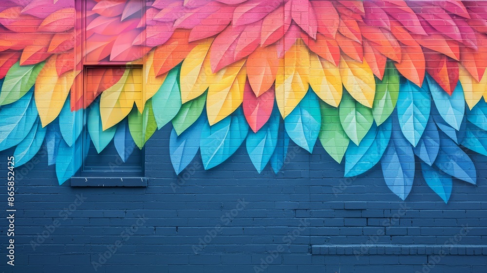 Obraz premium Colorful mural of overlapping leaves on a brick wall, showcasing vibrant shades of pink, orange, yellow, green, and blue.