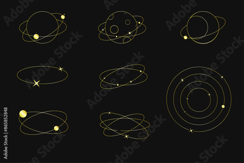 Geometry shapes with stars, planets and galaxies. Celestial forms logo design, alchemy symbol, astronomical signs Isolated. Vector illustration