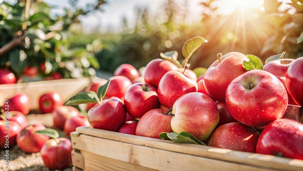 Close-up of detailed red apples with early morning sunlight and orchard scene Close-up of detailed red apples with early morning sunlight and orchard scene