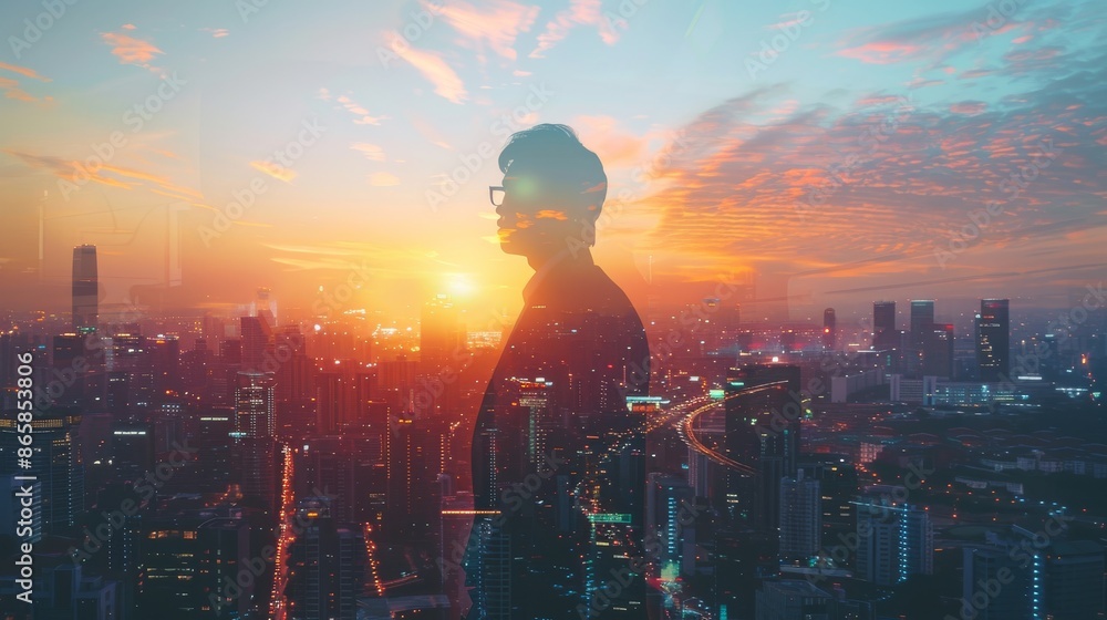 Urban Dreams: Double Exposure of Businessman and Cityscape at Sunset Urban Dreams: Double Exposure of Businessman and Cityscape at Sunset