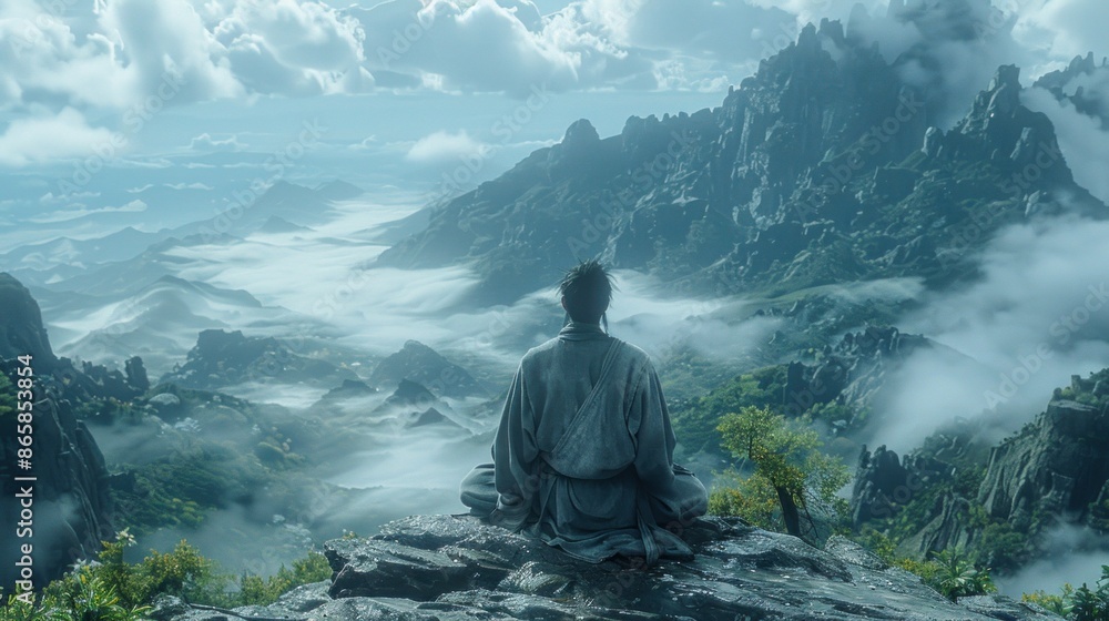 Fototapeta premium A kung fu master performing a dragon stance in a mystical landscape