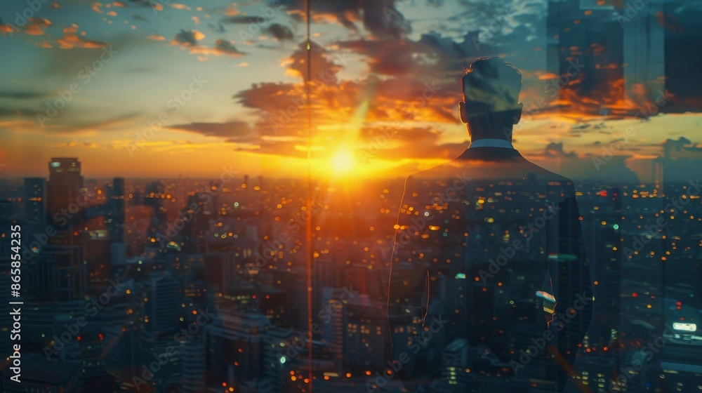 Urban Dreams: Double Exposure of Businessman and Cityscape at Sunset Urban Dreams: Double Exposure of Businessman and Cityscape at Sunset