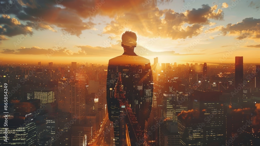 Urban Dreams: Double Exposure of Businessman and Cityscape at Sunset Urban Dreams: Double Exposure of Businessman and Cityscape at Sunset