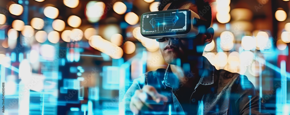 Man with VR glasses working on holographic architectural model Man with VR glasses working on holographic architectural model