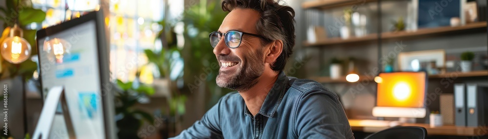Man smiling while conducting a virtual meeting, home office setup, Cheerful man, Remote leadership Man smiling while conducting a virtual meeting, home office setup, Cheerful man, Remote leadership