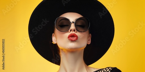 A woman in sunglasses and black hat blowing kiss, front view, yellow background, minimalism, fashion photography, photo taken with provia photo