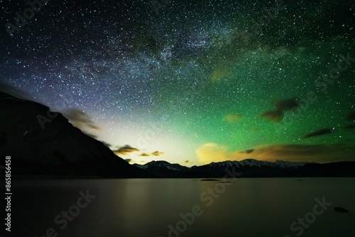Fantastic starry sky with the Milky Way against the backdrop of the Canadian Rockies
