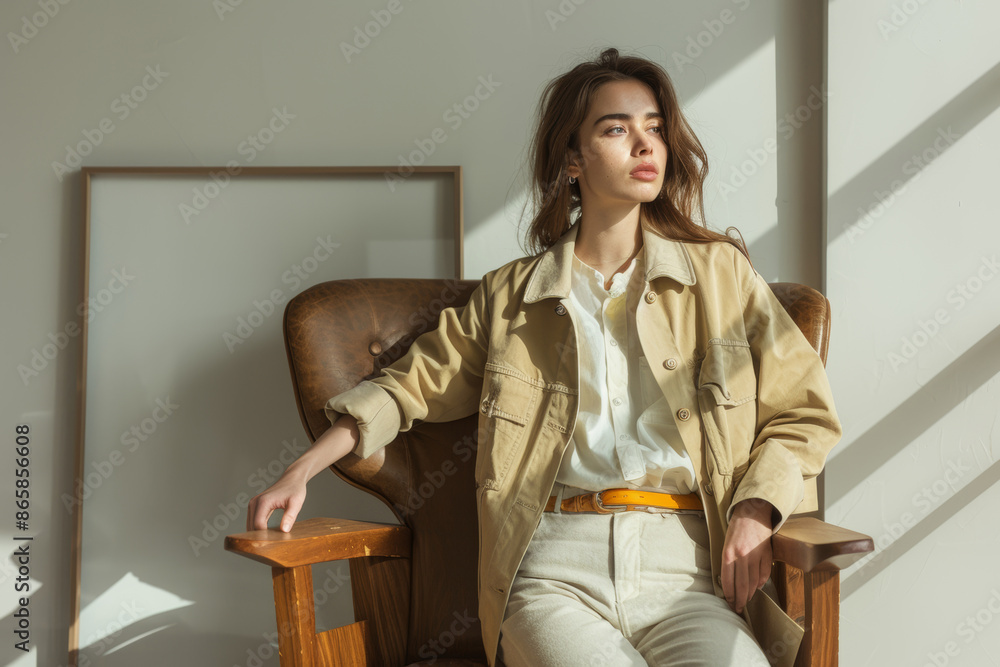 Trendy model standing by a mid-century armchair Trendy model standing by a mid-century armchair