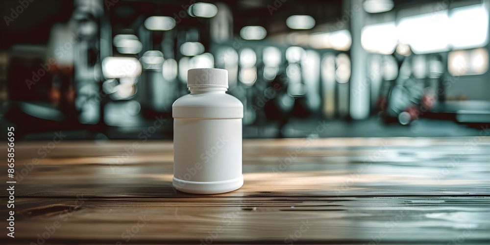 White supplement bottle in gym with natural anabolics creatine protein Gym product. Concept Fitness Supplements, Gym Equipment, Natural Anabolics, Creatine, Protein Shakes White supplement bottle in gym with natural anabolics creatine protein Gym product. Concept Fitness Supplements, Gym Equipment, Natural Anabolics, Creatine, Protein Shakes