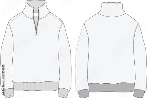Half Zip Longsleeve Sweatshirt Technical Fashion Illustration Mock-up Template for Design and Tech Packs