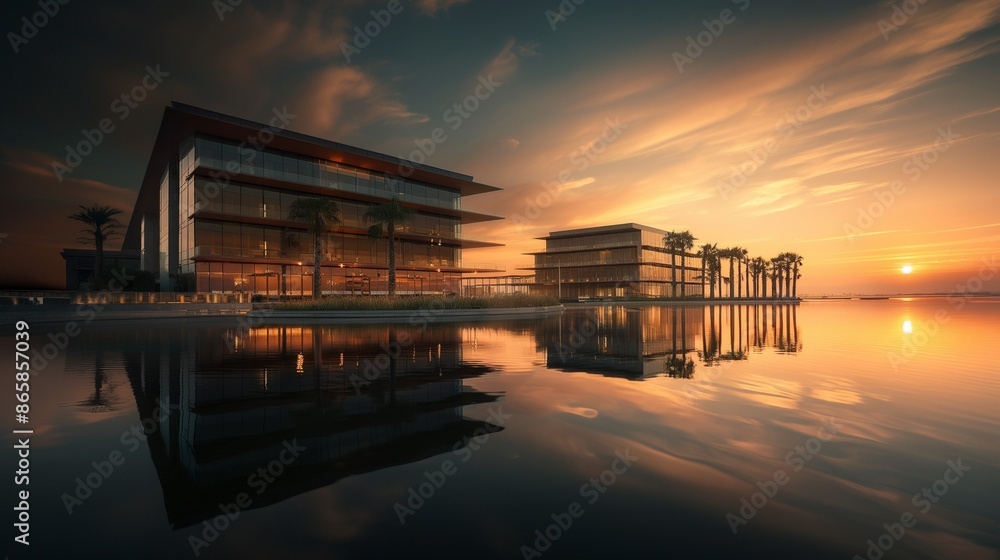 A Building With A Reflection In The Water At Sunset. A Building With A Reflection In The Water At Sunset.
