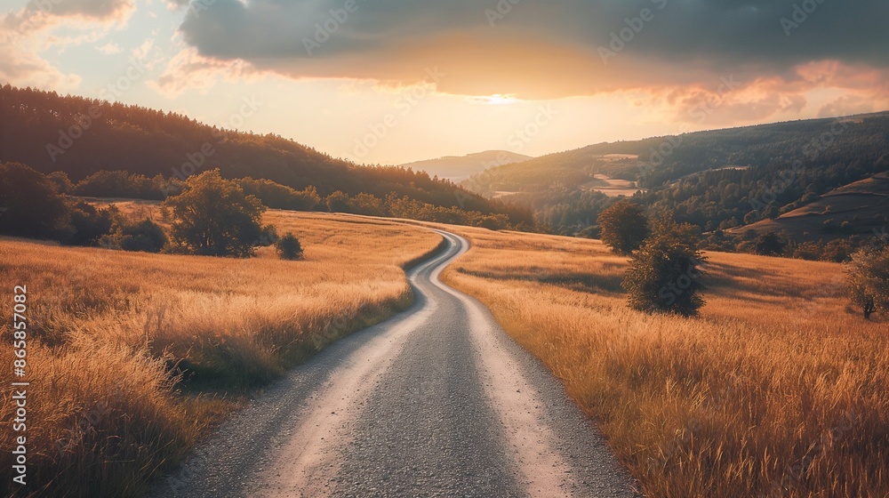 A Road Going Through A Field At Sunset. A Road Going Through A Field At Sunset.