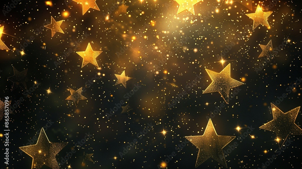 Golden stars on a black background. Starry night sky, Christmas, New Year, magic, or celebration concept. Golden stars on a black background. Starry night sky, Christmas, New Year, magic, or celebration concept.