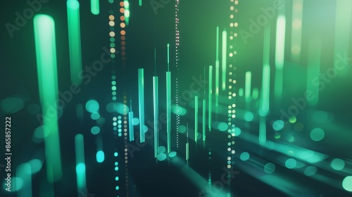 A cluster of green lights of various shapes and sizes on a dim background.