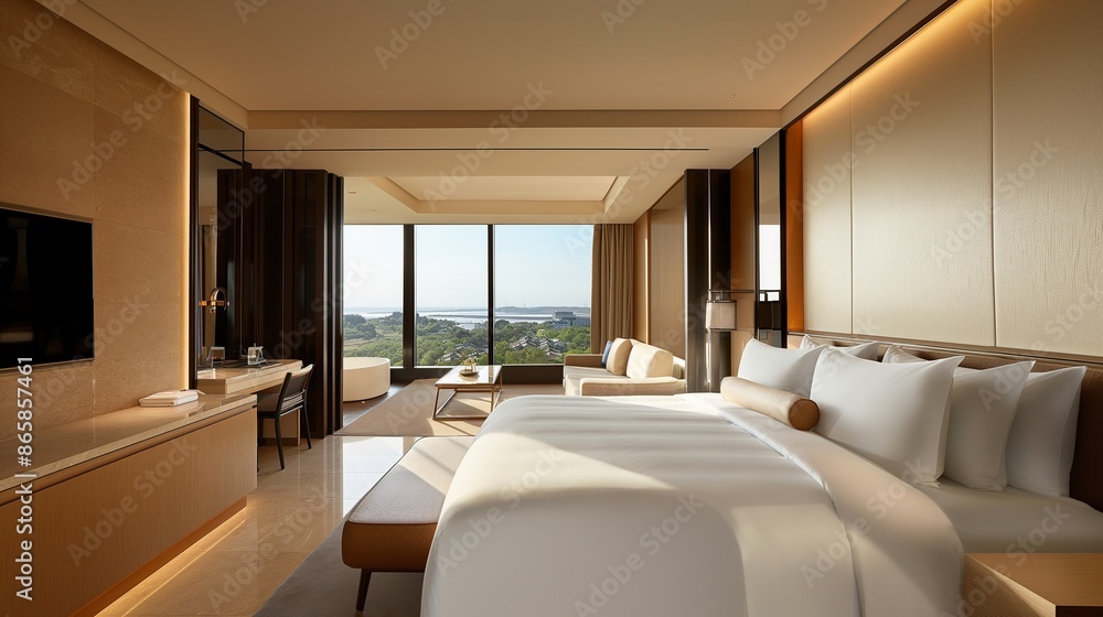 Fototapeta premium A Modern Minimalist Bedroom With Visually Appealing Furnishings.