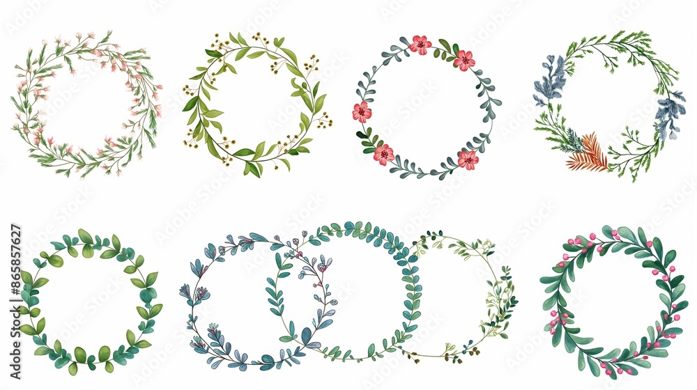 A Set Of Natural Wreaths With A White Background. A Set Of Natural Wreaths With A White Background.