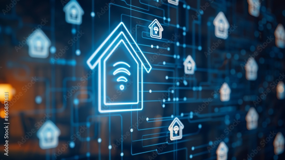 Digitally rendered smart home interface with connectivity icons and network connections, illustrating advanced home automation technology. Digitally rendered smart home interface with connectivity icons and network connections, illustrating advanced home automation technology.