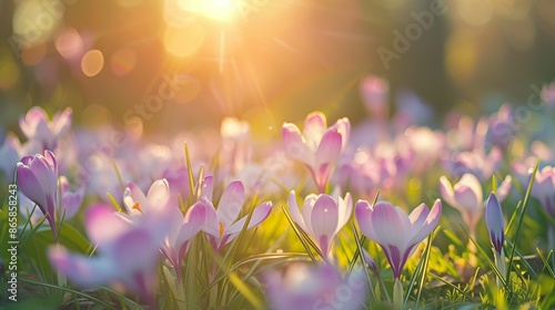 Beautiful meadow of crocus flowers close up, summer time on a sunny day, soft focus background, whimsical and Idyllic nature photo