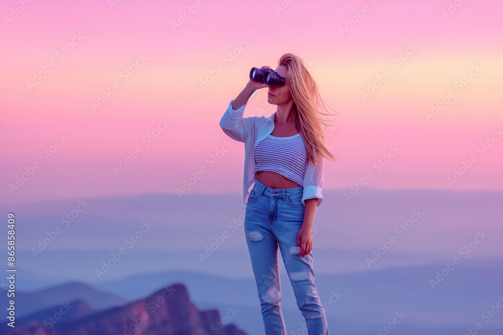 Adventurous Woman Gazing through Binoculars at Sunset Adventurous Woman Gazing through Binoculars at Sunset