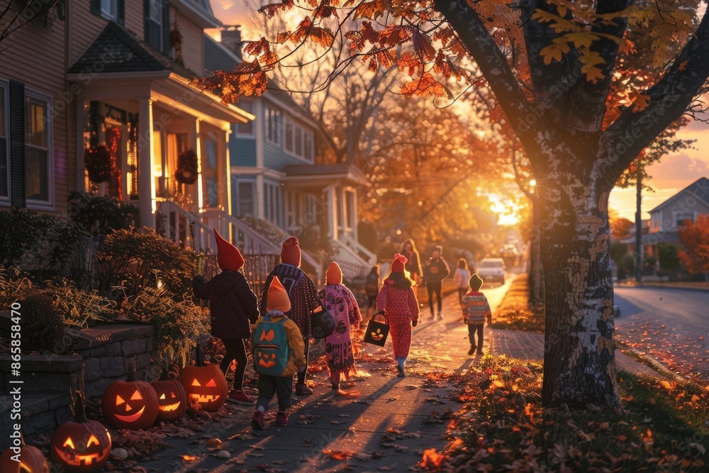 Naklejka premium Children Trick-or-Treating During Sunset on Halloween