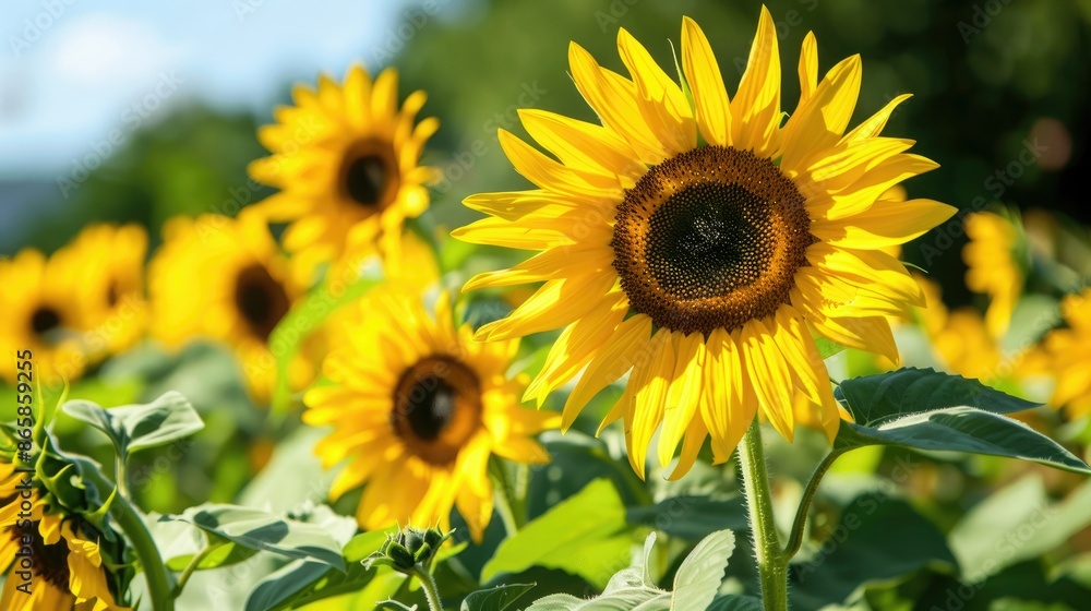Fototapeta premium field of sunflowers and sun