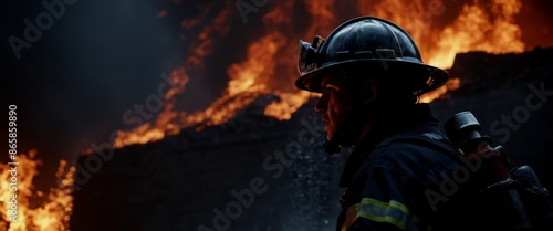 Brave firefighterAttacking large fire Low angle shot Powerful fi photo