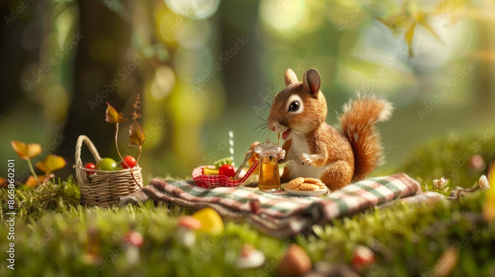 Fototapeta premium Miniature Animal Picnic: Whimsical Scene of Tiny Creature Enjoying Delicious Food and Drink on Tiny Blanket