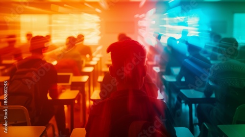 Dynamic classroom scene with students, captured with motion blur in vibrant red and blue lighting, emphasizing energy and focus.