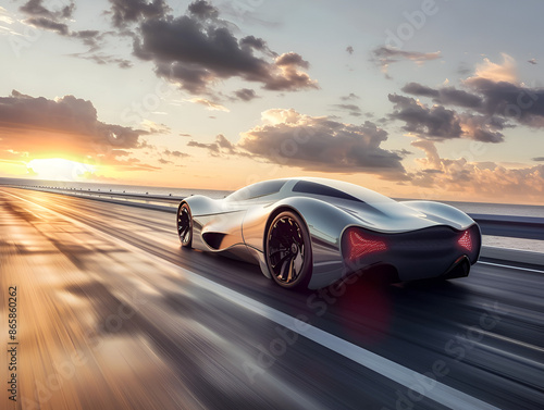 Luxury car speeds by modern building at dusk , Illustration of minimalist sport car on landscape background Created with 