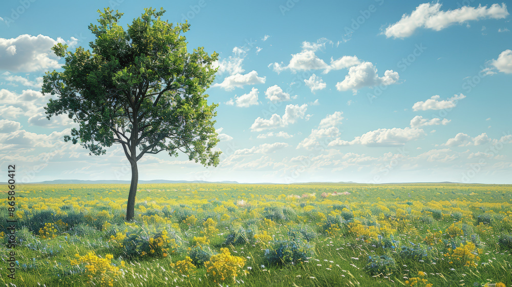 A lone tree stands in a vast, vibrant field of green grass and yellow flowers under a sunny, partly cloudy sky. A lone tree stands in a vast, vibrant field of green grass and yellow flowers under a sunny, partly cloudy sky.