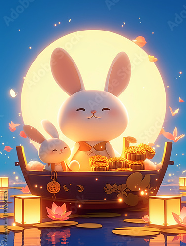 The rabbit sits on a boat full of moon cakes

