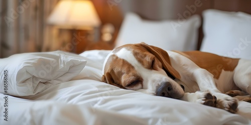Beagle sleeping in petfriendly hotel room luxury pet travel accommodation. Concept Pet-friendly Hotels, Luxury Travel, Beagle Breeds, Pet Accommodations, Sleepy Pets © Anastasiia