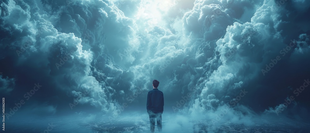 Man Gazing at Surreal Cloudscape in Dreamlike Atmosphere Man Gazing at Surreal Cloudscape in Dreamlike Atmosphere
