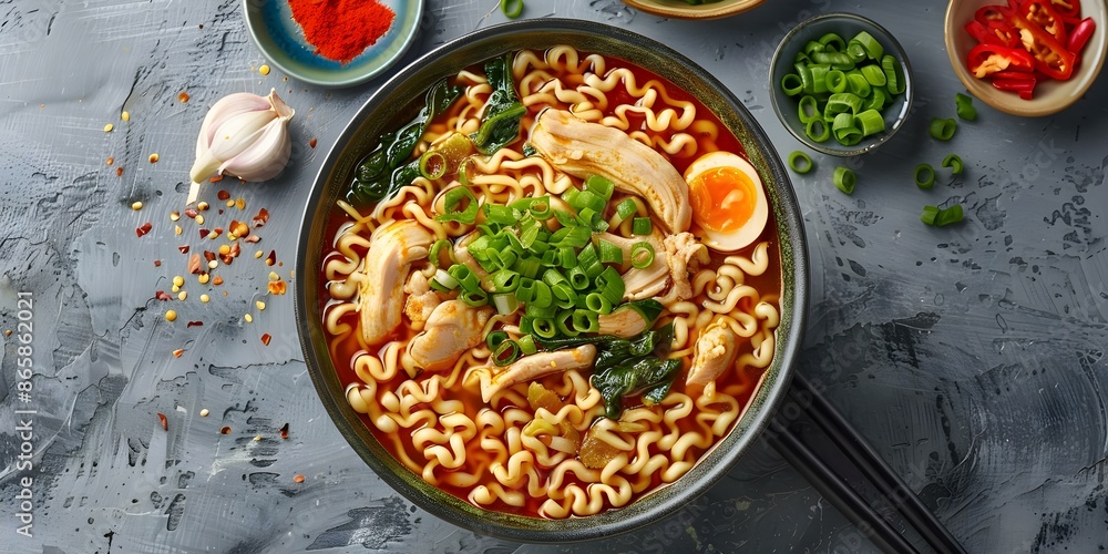 Overhead shot of chicken shiitake ramen soup on gray concrete background. Concept Food Photography, Ramen, Overhead Shot, Chicken Shiitake, Gray Background Overhead shot of chicken shiitake ramen soup on gray concrete background. Concept Food Photography, Ramen, Overhead Shot, Chicken Shiitake, Gray Background