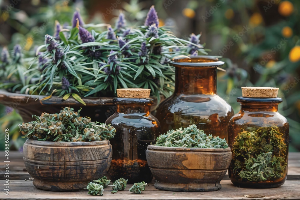 Natural healing herbs in wooden bowls and glass jars with plants in the background, ideal for organic and herbal remedy themes. Natural healing herbs in wooden bowls and glass jars with plants in the background, ideal for organic and herbal remedy themes.