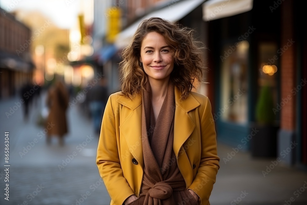 Portrait of a beautiful woman in a yellow coat on the street Portrait of a beautiful woman in a yellow coat on the street
