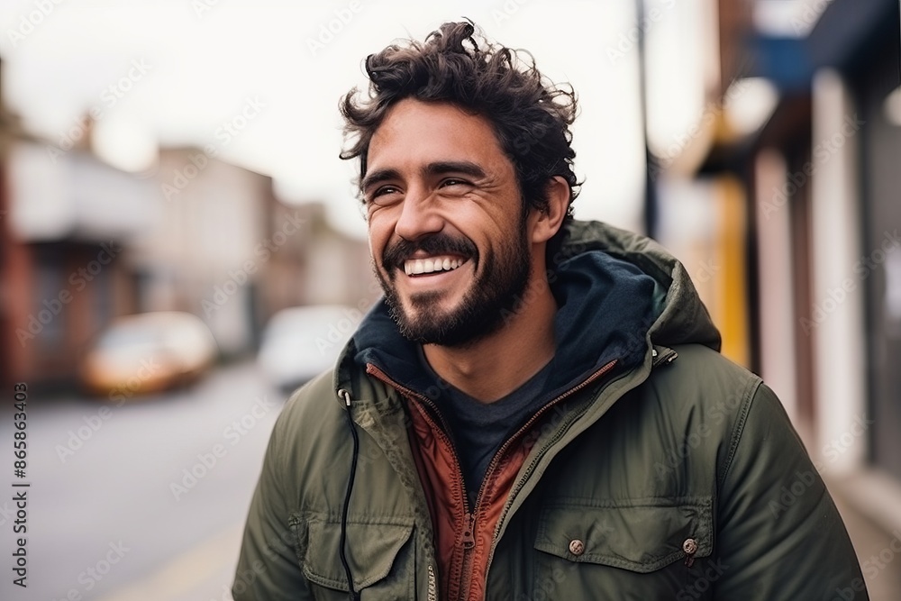 Portrait of a handsome young man laughing in the street with a smile Portrait of a handsome young man laughing in the street with a smile
