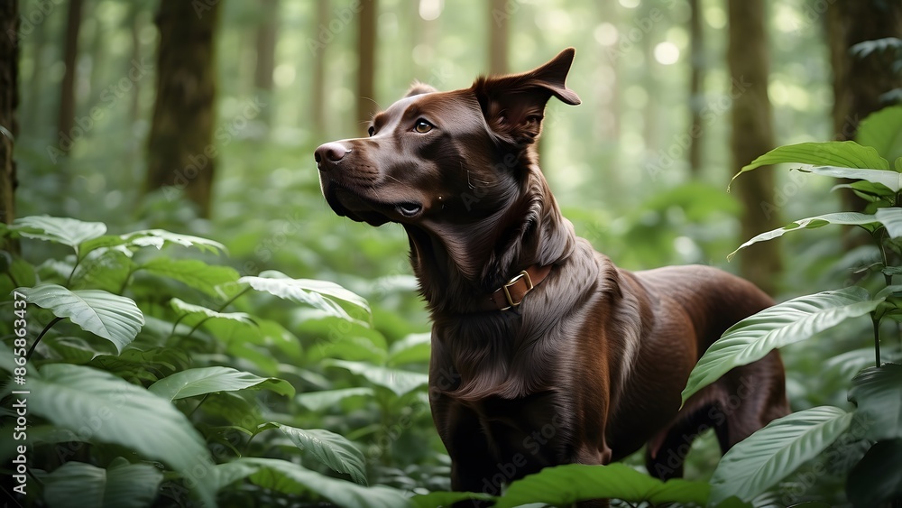 World chocolate day, a majestic chocolate dog in a forest surrounded with cocoa beans and leaves, modern background for posters, cards, advertisement banner World chocolate day, a majestic chocolate dog in a forest surrounded with cocoa beans and leaves, modern background for posters, cards, advertisement banner