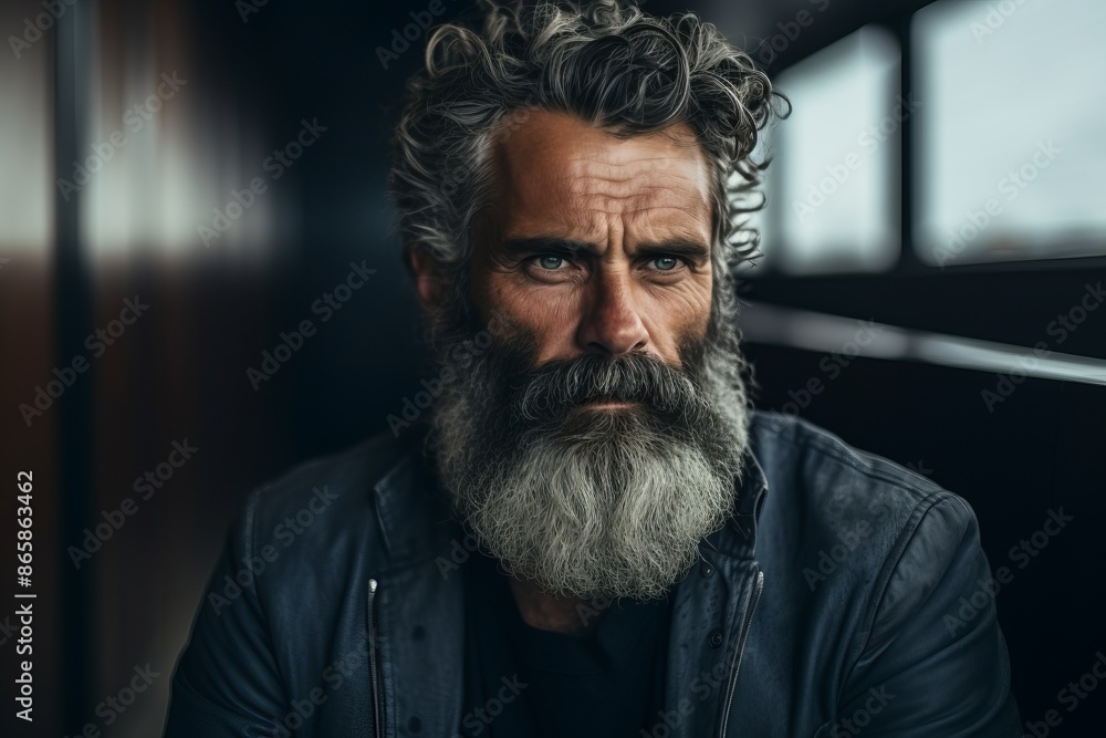 Portrait of a handsome bearded man with long gray beard and mustache.