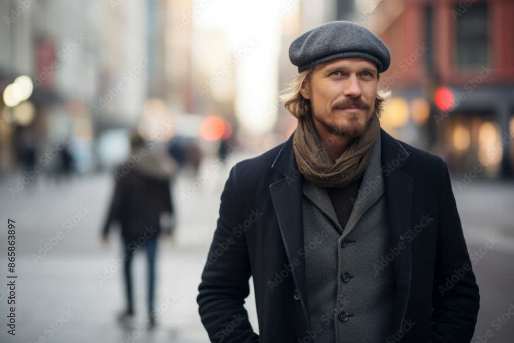 Handsome young man wearing a coat, hat and scarf in the city Handsome young man wearing a coat, hat and scarf in the city